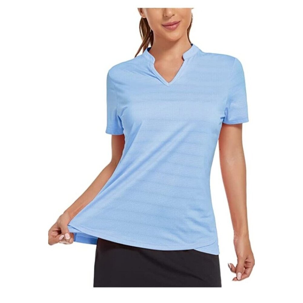 Mier Women's Sz L Loose Fit V Neck Light Blue Short Sleeve T-Shirt Top Golf